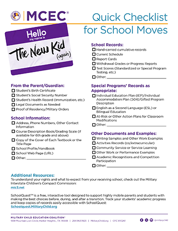 Checklist for School Moves